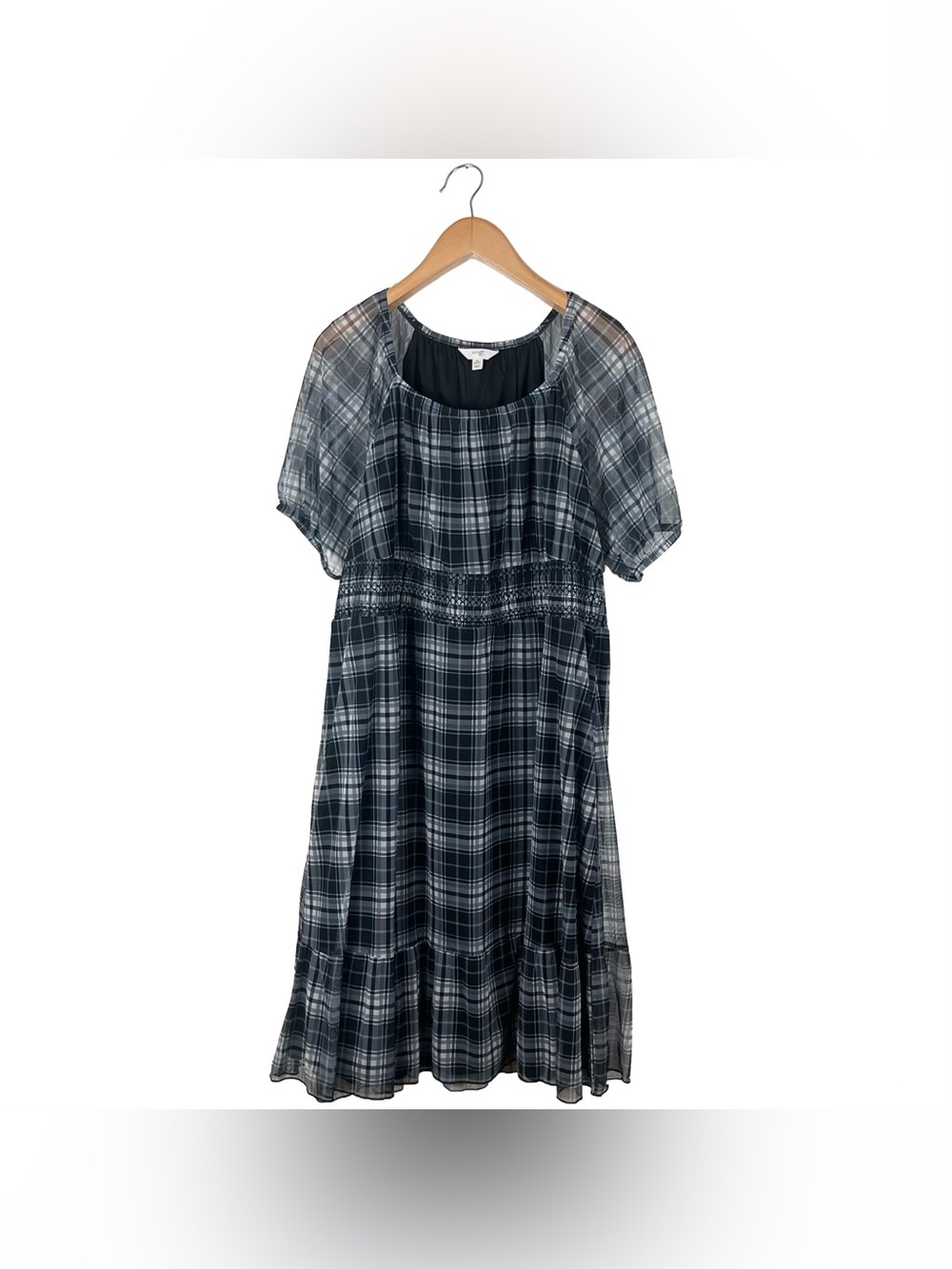 Terra Sky Plaid Sheer Sleeve Lined Midi Dress Women’s 2X (20-22W) Grunge
